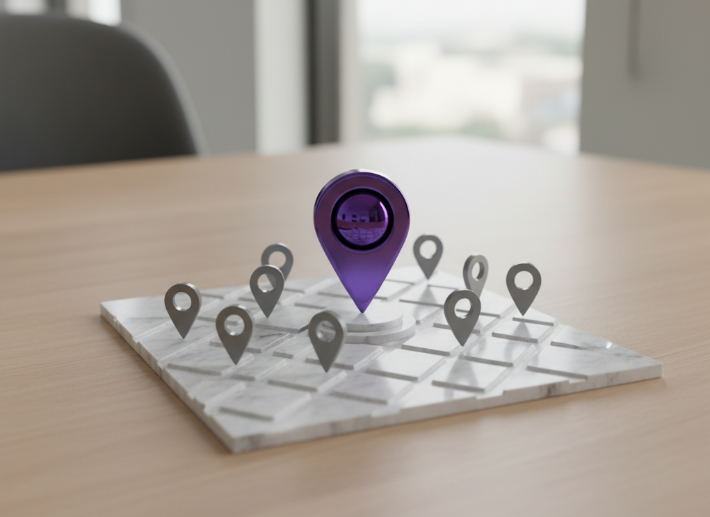 Icono del dominio en Google Maps, con un pin de ubicación morado destacando sobre un mapa físico de una ciudad.