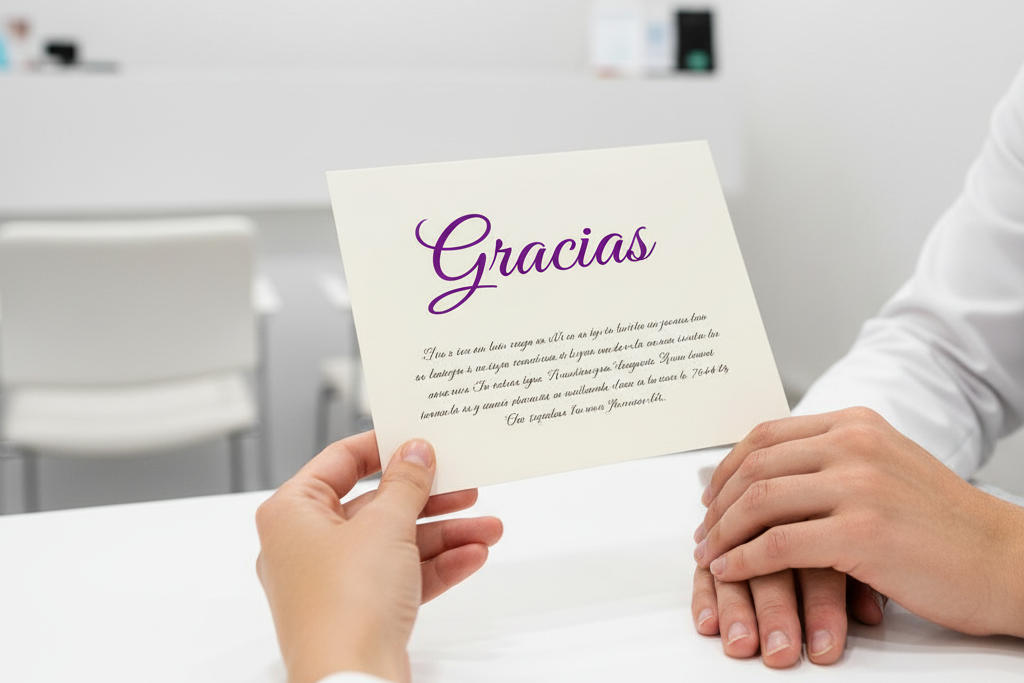 Paciente agradecido entregando una tarjeta de agradecimiento a su dentista, como símbolo de la fidelización y una excelente experiencia en la clínica dental.