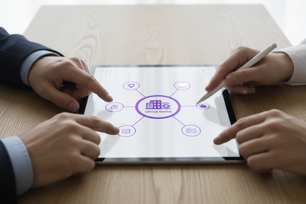 Dos consultores revisando la estrategia de cimientos digitales para una clínica dental sobre un plano técnico en una mesa de luz