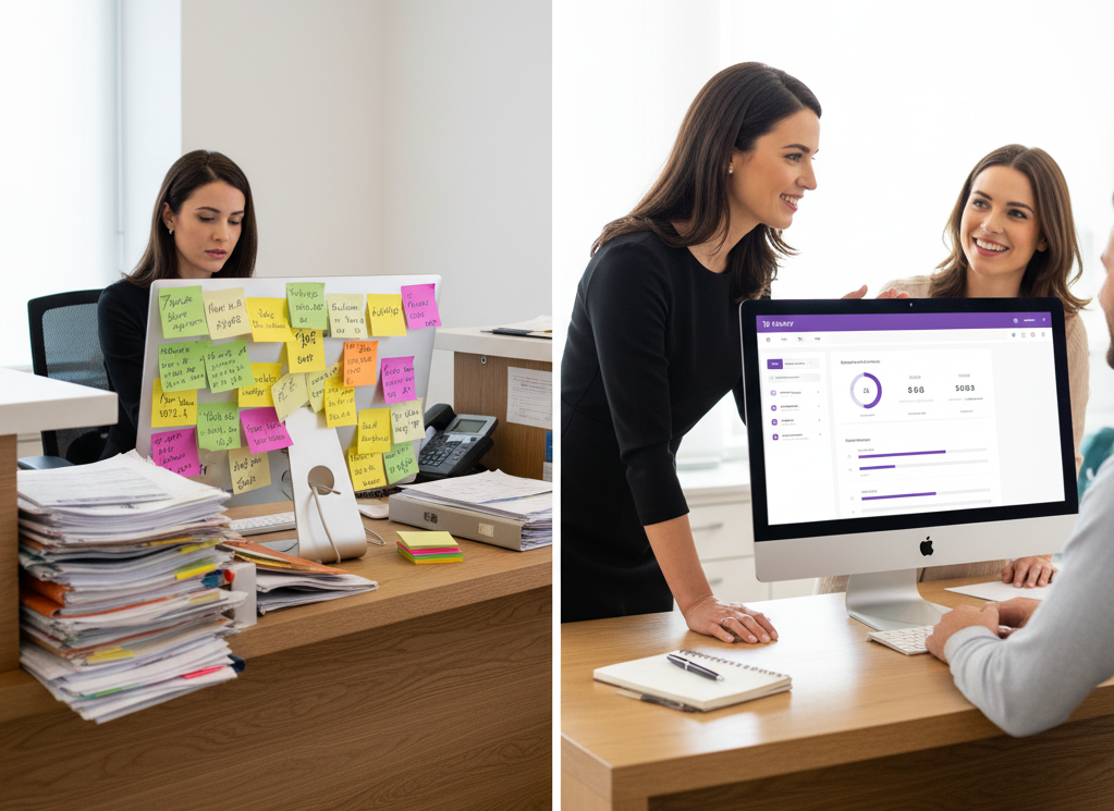 comparativa-optimizacion-gestion-clinica Comparativa del antes y después de la optimización de la gestión: de una recepcionista estresada a una Directora de Experiencia del Paciente.