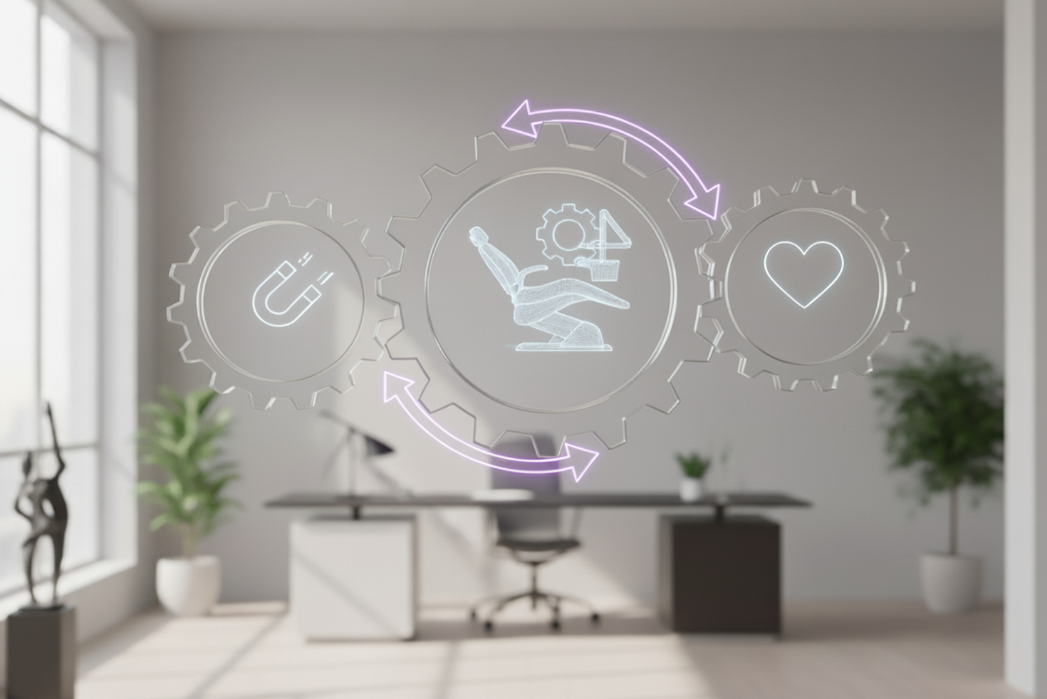 Diagrama del método de 3 pilares de Odontoo, agencia de marketing dental, mostrando engranajes de captación, optimización y fidelización de pacientes