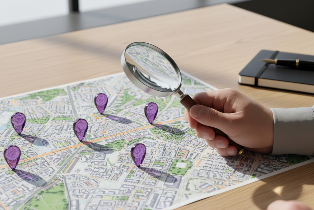 Un estratega analizando un mapa de la ciudad con una lupa para la captación de pacientes de una clínica dental