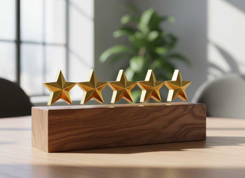 Símbolo de una reputación online sólida: un trofeo de cristal en forma de escudo junto a cinco estrellas doradas sobre una mesa.