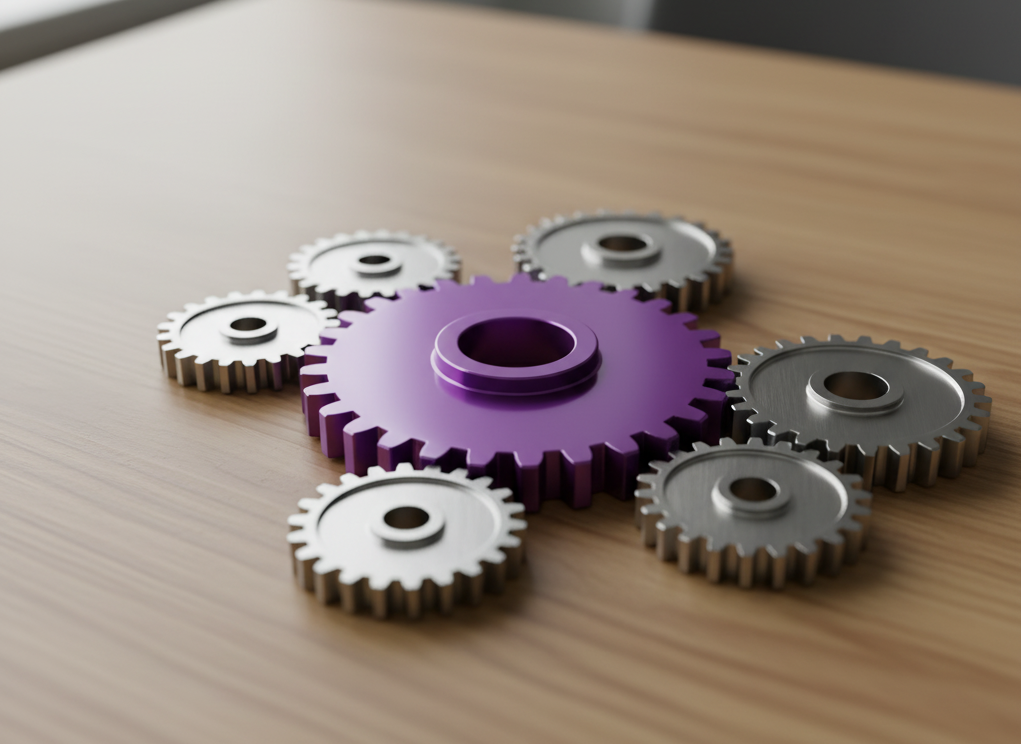 Engranajes que representan el servicio de soporte y optimización continua para clínicas.